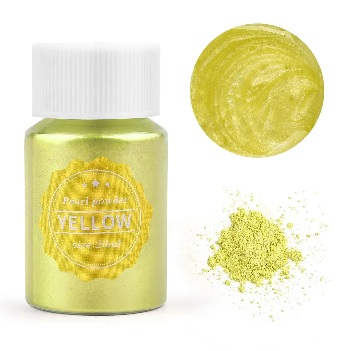 A glass jar of yellow pearl powder next to a circular swatch and loose powder.