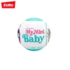 A white and light blue spherical capsule doll with pink lettering that reads My Mini Baby
