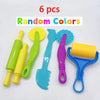 A set of six random colored dough tools including a rolling pin, cutters, and extruder for kids