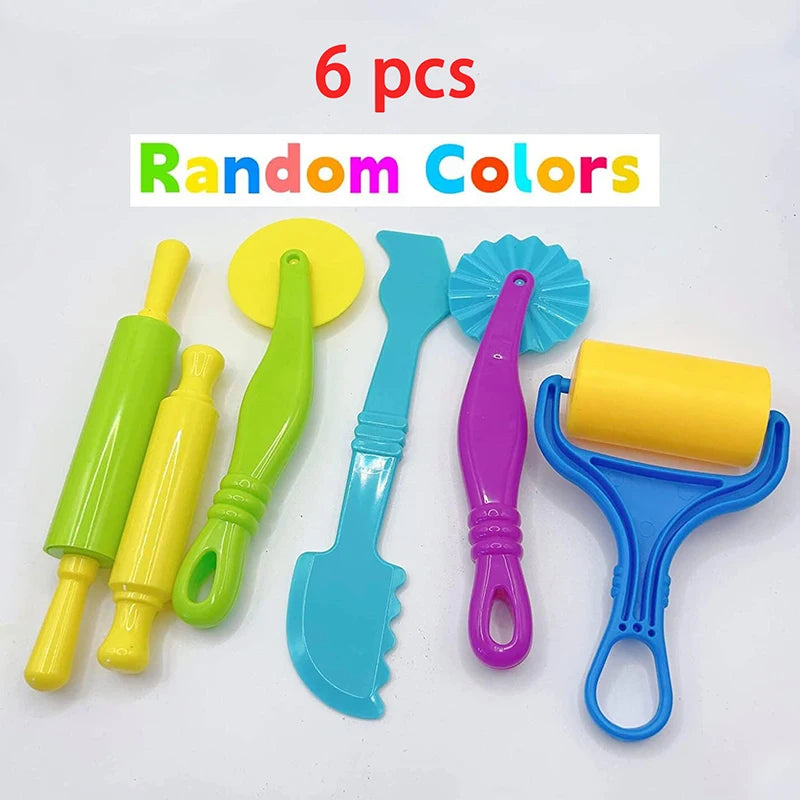 A set of six random colored dough tools including a rolling pin, cutters, and extruder for kids