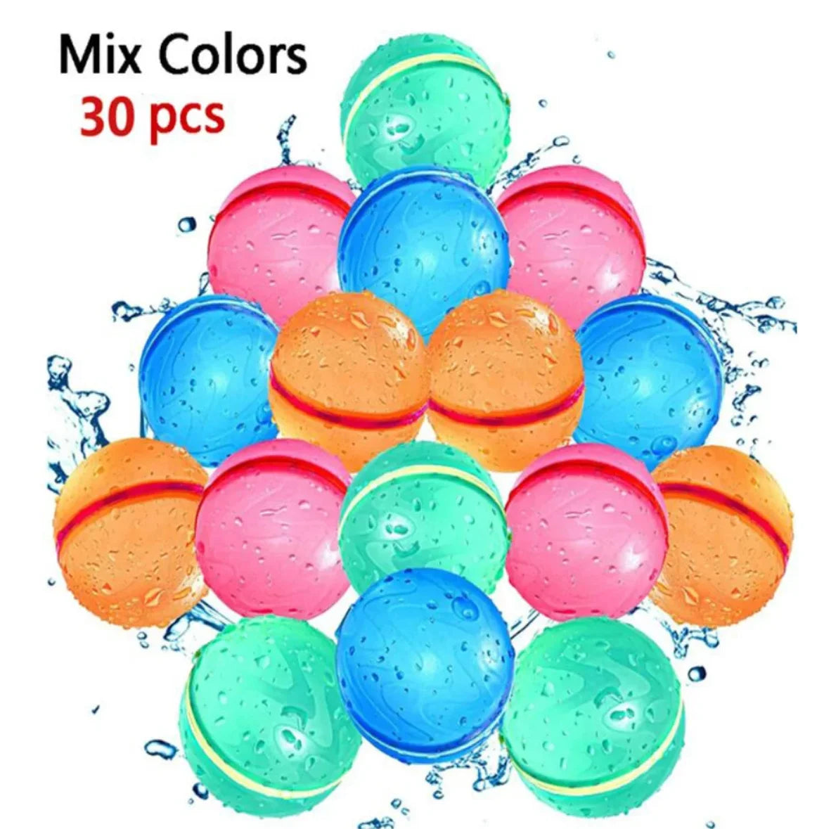 A collection of 30 reusable water balloons in various bright colors including pink, blue, and green.