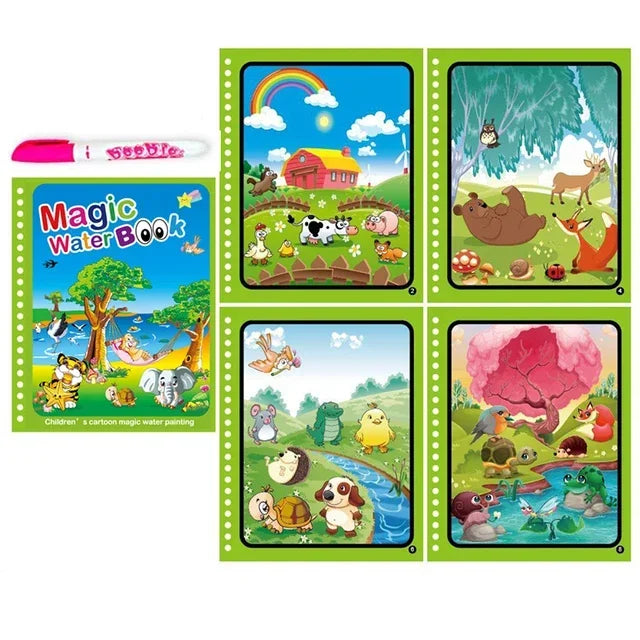 A set of six pages of a magic water coloring book featuring various animals and nature scenes for toddlers.