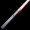 A silver lightsaber with a red blade is shown diagonally against a black background.