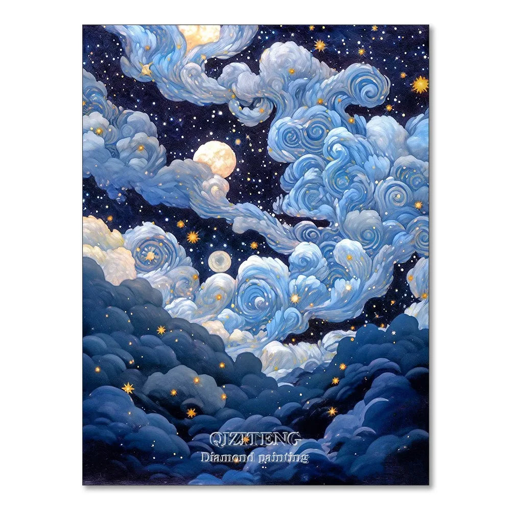 A diamond painting depicting a night sky with clouds, stars, and a moon in blue and dark tones.