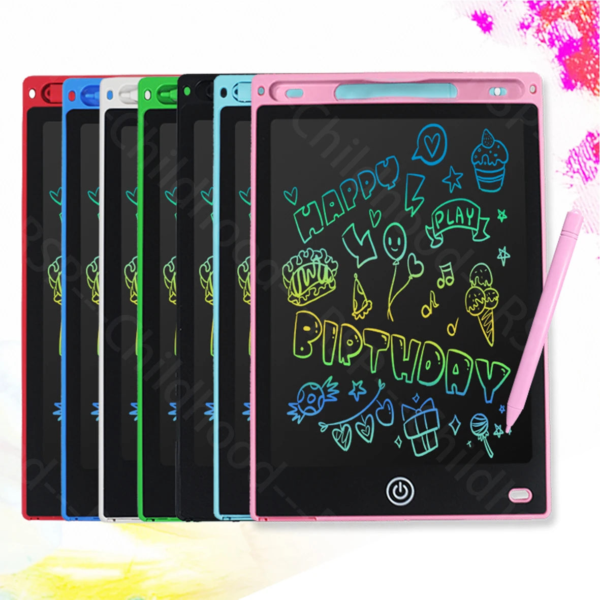 A row of colorful 8.5-inch LCD writing tablets for kids with stylus pens displaying a happy birthday message.