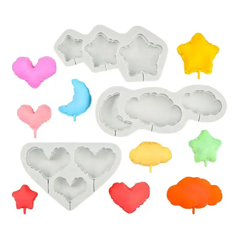 A set of silicone molds shaped like hearts and clouds in various colors including pink, yellow, blue, green, and orange.