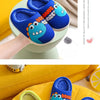 A pair of blue and orange cartoon dinosaur plush slippers for a baby