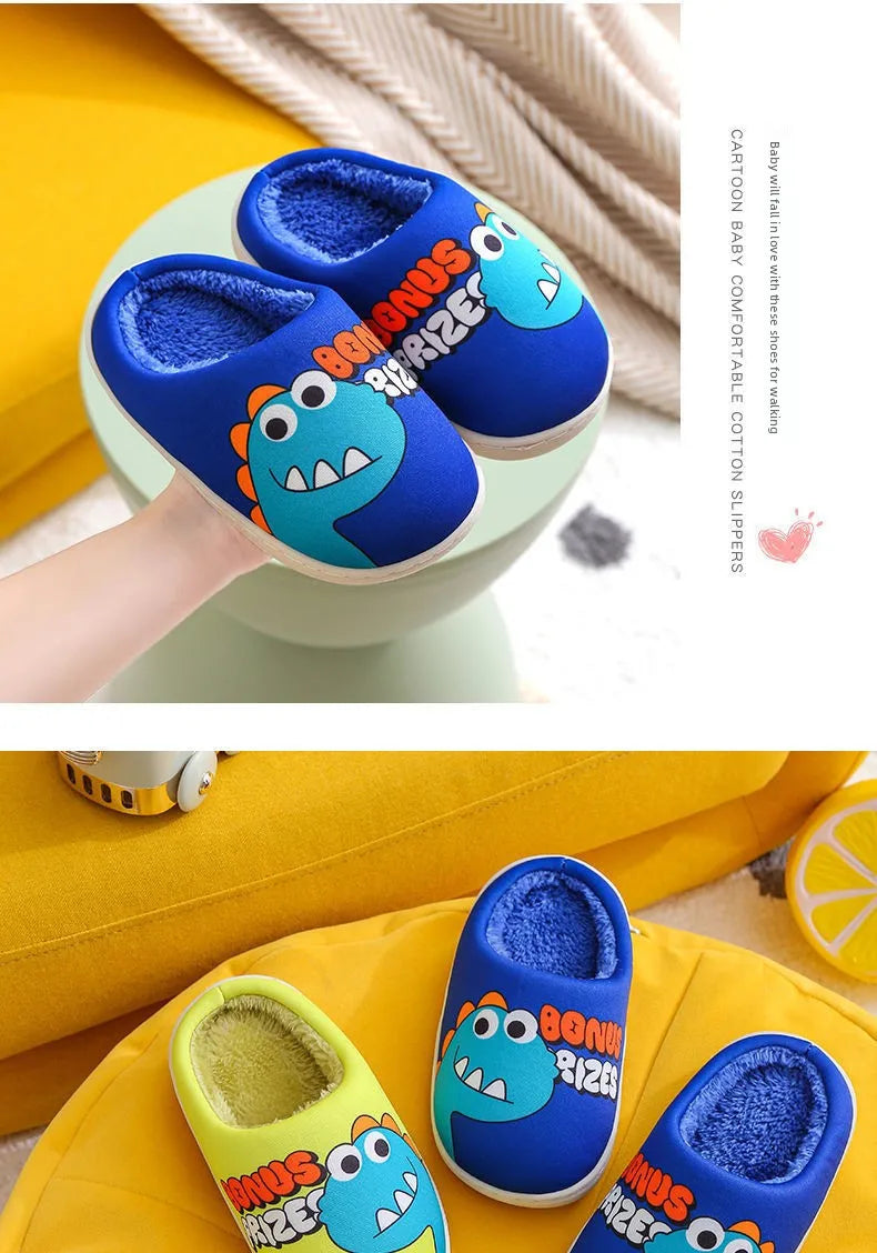 A pair of blue and orange cartoon dinosaur plush slippers for a baby