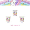 Set of eight paper cups featuring a unicorn design for a party celebration.