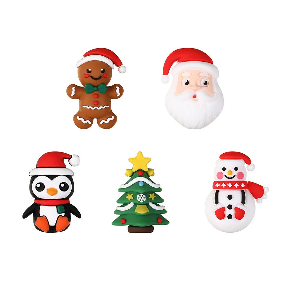 Three silicone beads featuring a Santa face, a Christmas tree, and a snowman.