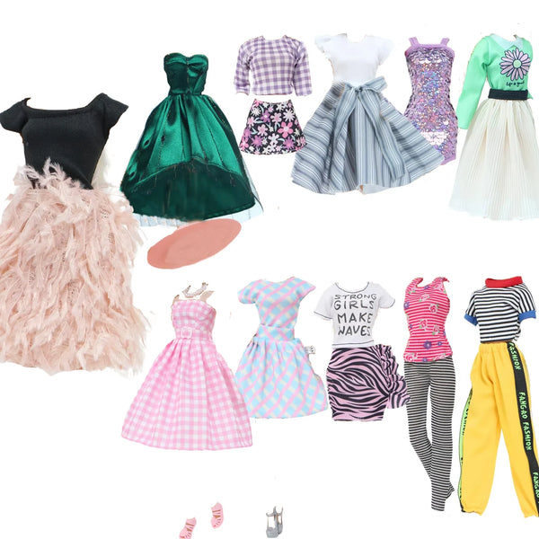 Fashion Doll Outfit Set – Wave Point Dress & Denim Grid Skirt for 11.5–12 Inch Dolls