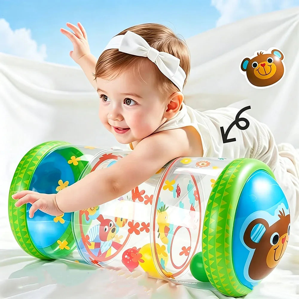A baby is playing with a colorful Montessori crawling roller toy designed for tummy time.