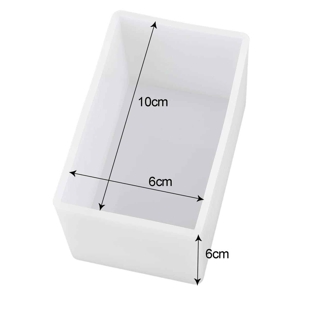 White geometric resin casting mold with dimensions 10cm high, 6cm wide, and 6cm deep.