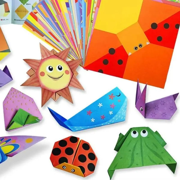 Fargerikt origamipapirsett med guidebok og geometrisk design