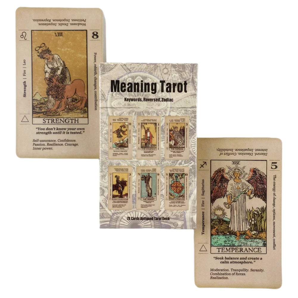 A set of tarot cards featuring the Strength and Temperance cards from an antiqued deck.