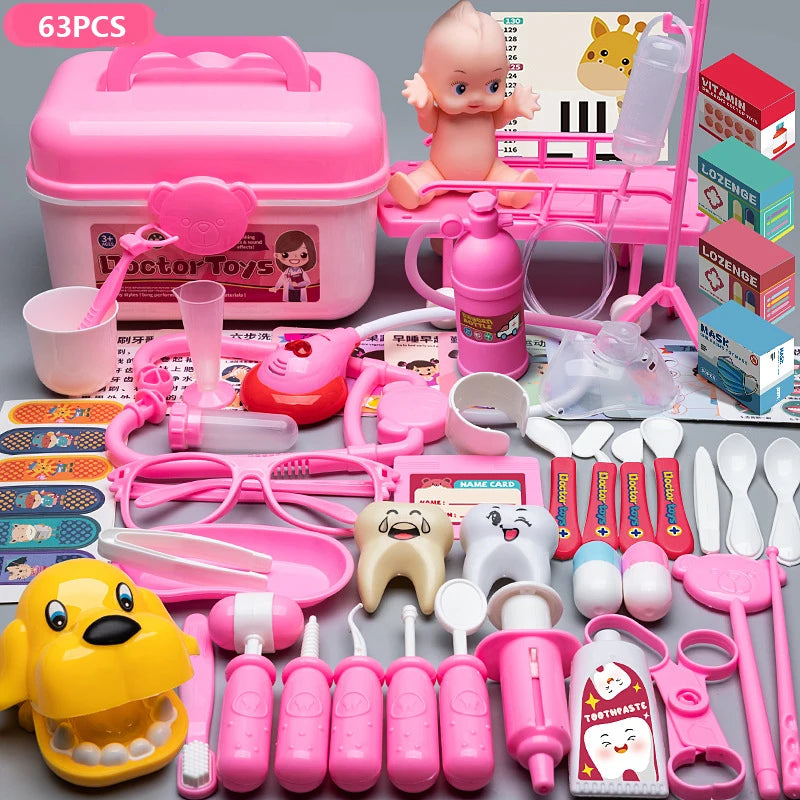 A pink kids doctor pretend play set featuring various electronic medical tools and accessories.