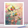 A painting featuring various colorful birds perched on branches with pink flowers against a soft, light background.