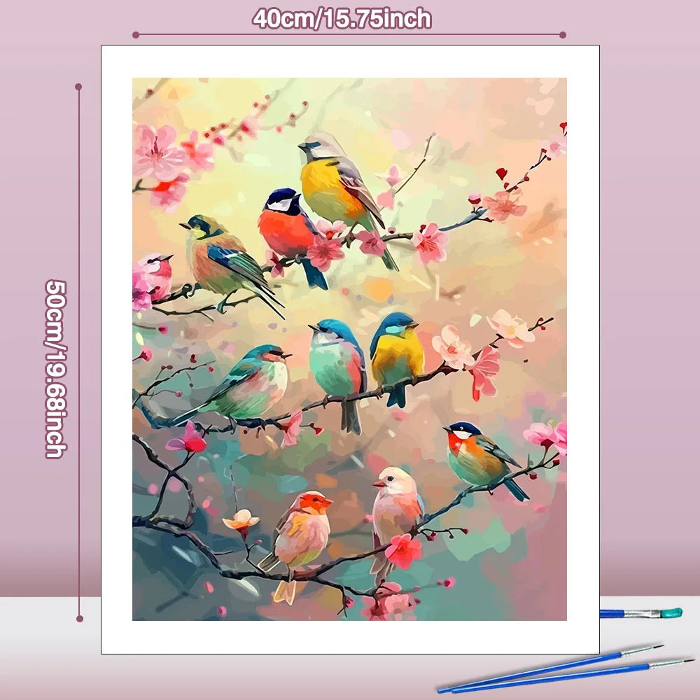 A painting featuring various colorful birds perched on branches with pink flowers against a soft, light background.