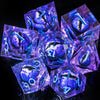 A collection of seven purple liquid core resin polyhedral dice used for tabletop role-playing games