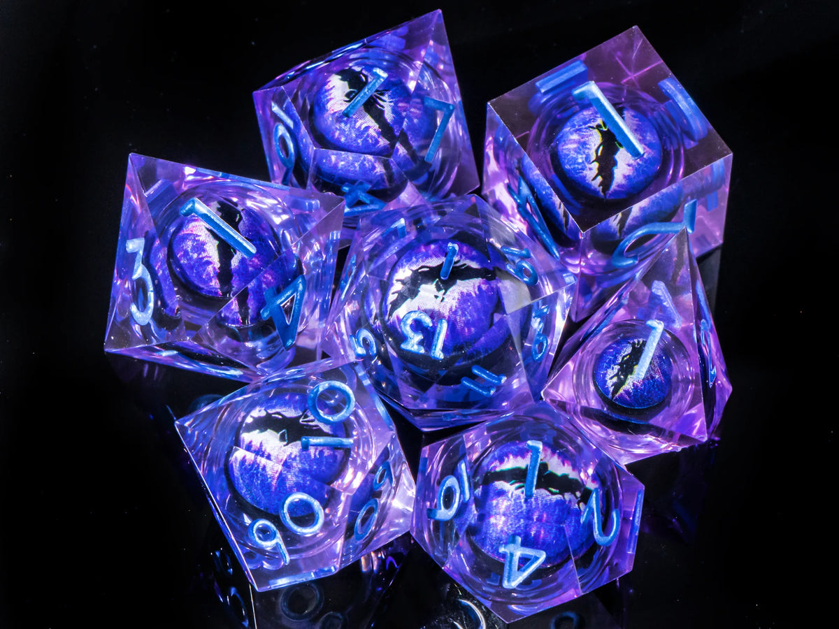 A collection of seven purple liquid core resin polyhedral dice used for tabletop role-playing games