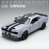 A 1:32 scale diecast model of a white Dodge Challenger SRT Hellcat with black racing stripes.