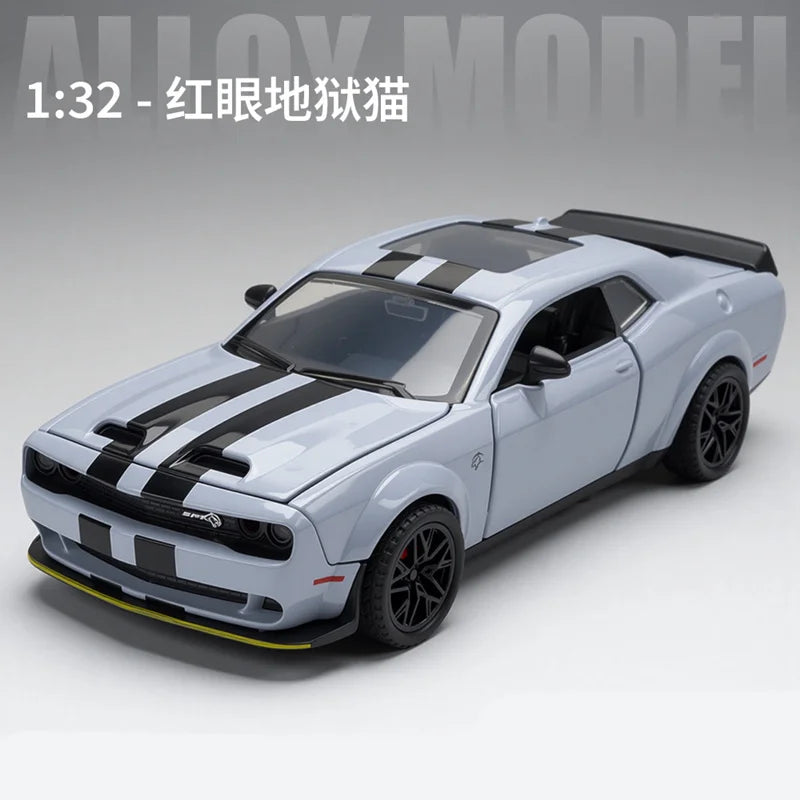 A 1:32 scale diecast model of a white Dodge Challenger SRT Hellcat with black racing stripes.