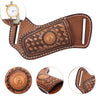 Brown handcrafted leather knife sheath with a belt loop and decorative stitching.