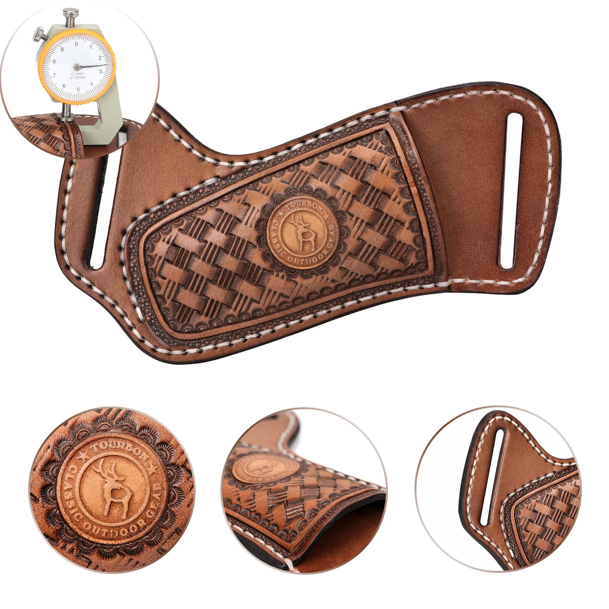 Brown handcrafted leather knife sheath with a belt loop and decorative stitching.