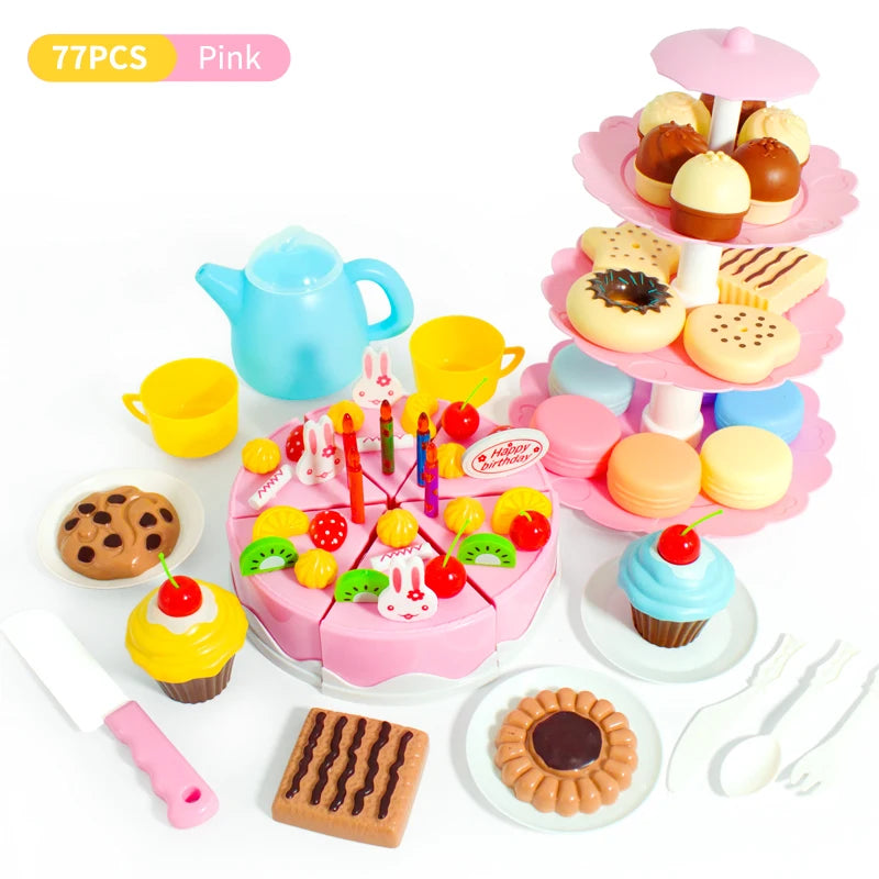 A pink DIY pretend play birthday cake tea set for kids featuring various food items and a tiered cake display.