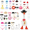 A collection of accessories for a goose figurine including hats, glasses, necklaces, and other costume items.