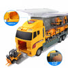 A yellow diecast construction vehicle playset truck with a removable hood and multiple vehicles inside.
