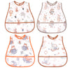 A set of four cute cartoon waterproof baby bibs featuring various animal characters and patterns.