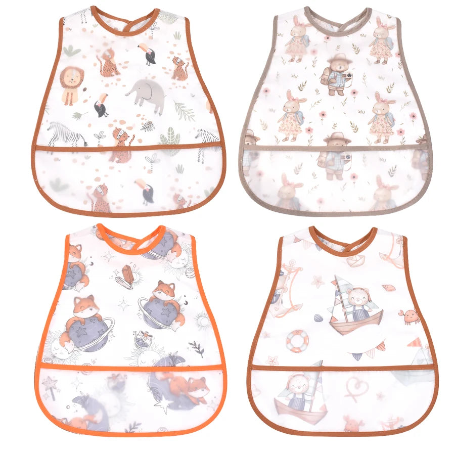 A set of four cute cartoon waterproof baby bibs featuring various animal characters and patterns.