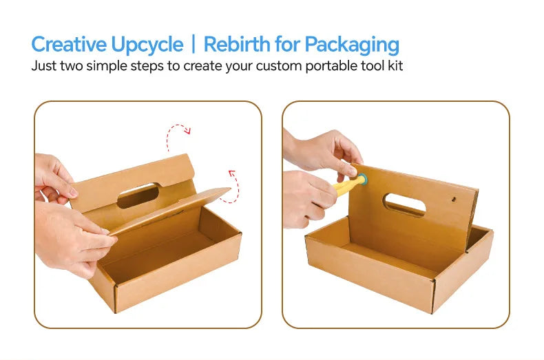 Hands assemble a cardboard construction kit for kids using a safe cutter and tool box.
