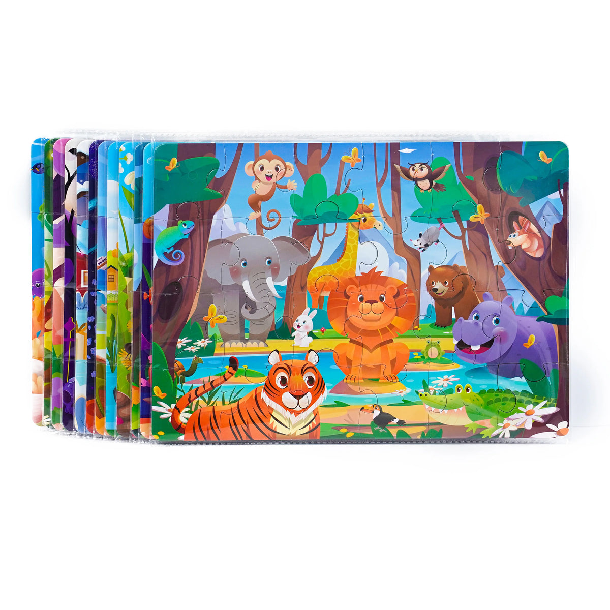 A set of colorful animal cartoon jigsaw puzzles featuring jungle animals like elephants, lions, monkeys, and birds.