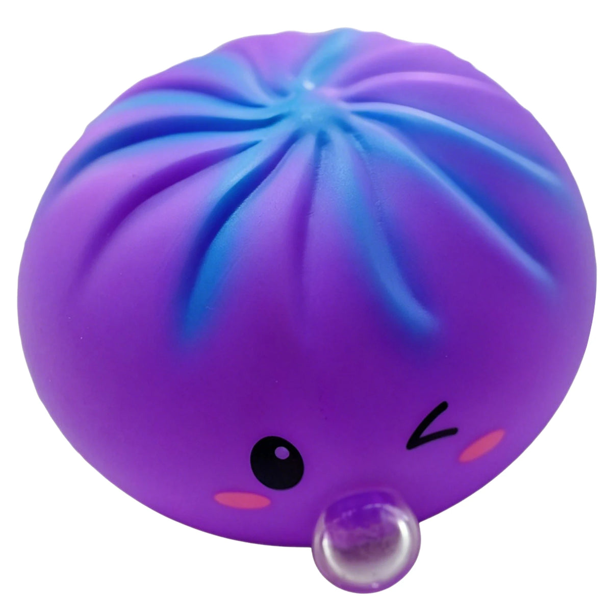 A purple, squishy dumpling-shaped stress relief toy with small eyes and a clear nose.