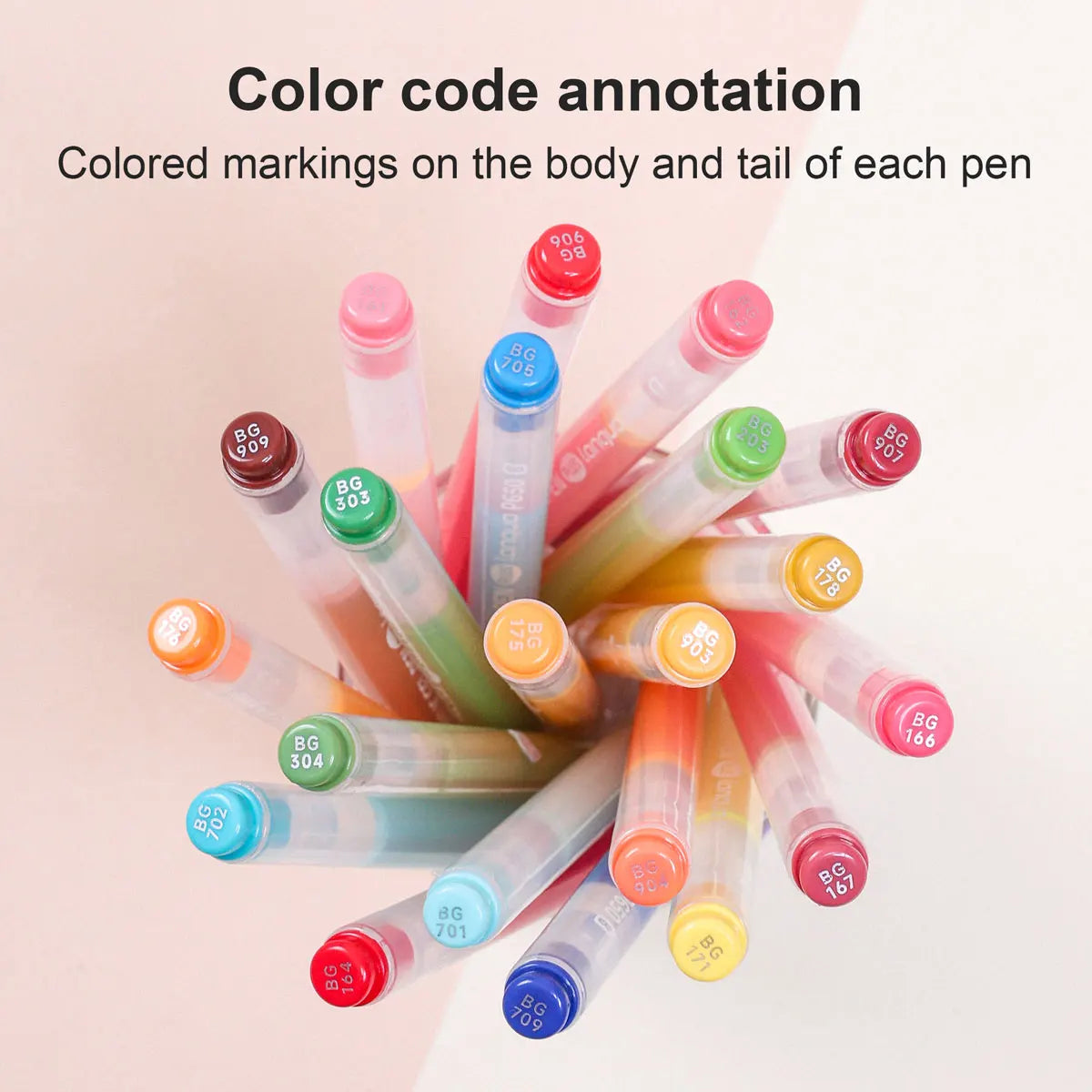 A collection of acrylic gel pens with colored markings on the body and tail, showing various shades of pink, green, and blue.