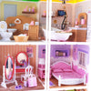 A miniature DIY dollhouse featuring various furniture and room themes including a bathroom, bedroom, and kitchen area.