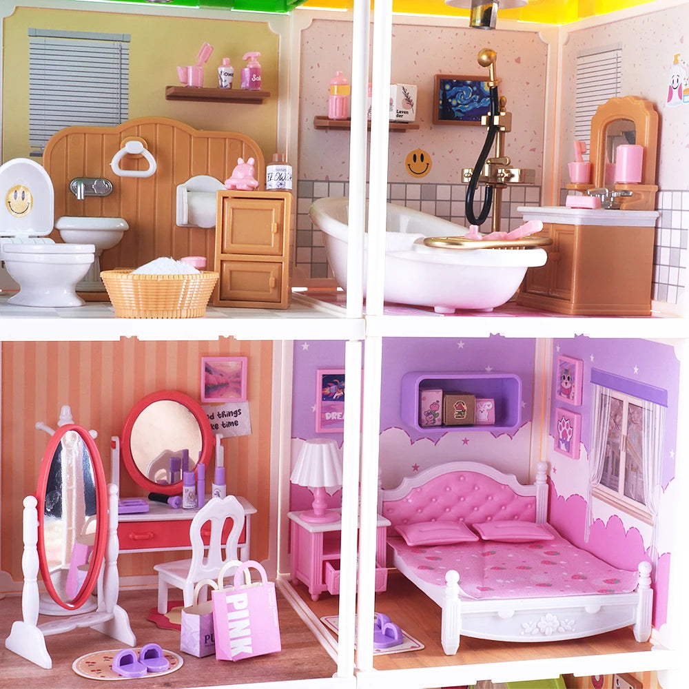 A miniature DIY dollhouse featuring various furniture and room themes including a bathroom, bedroom, and kitchen area.