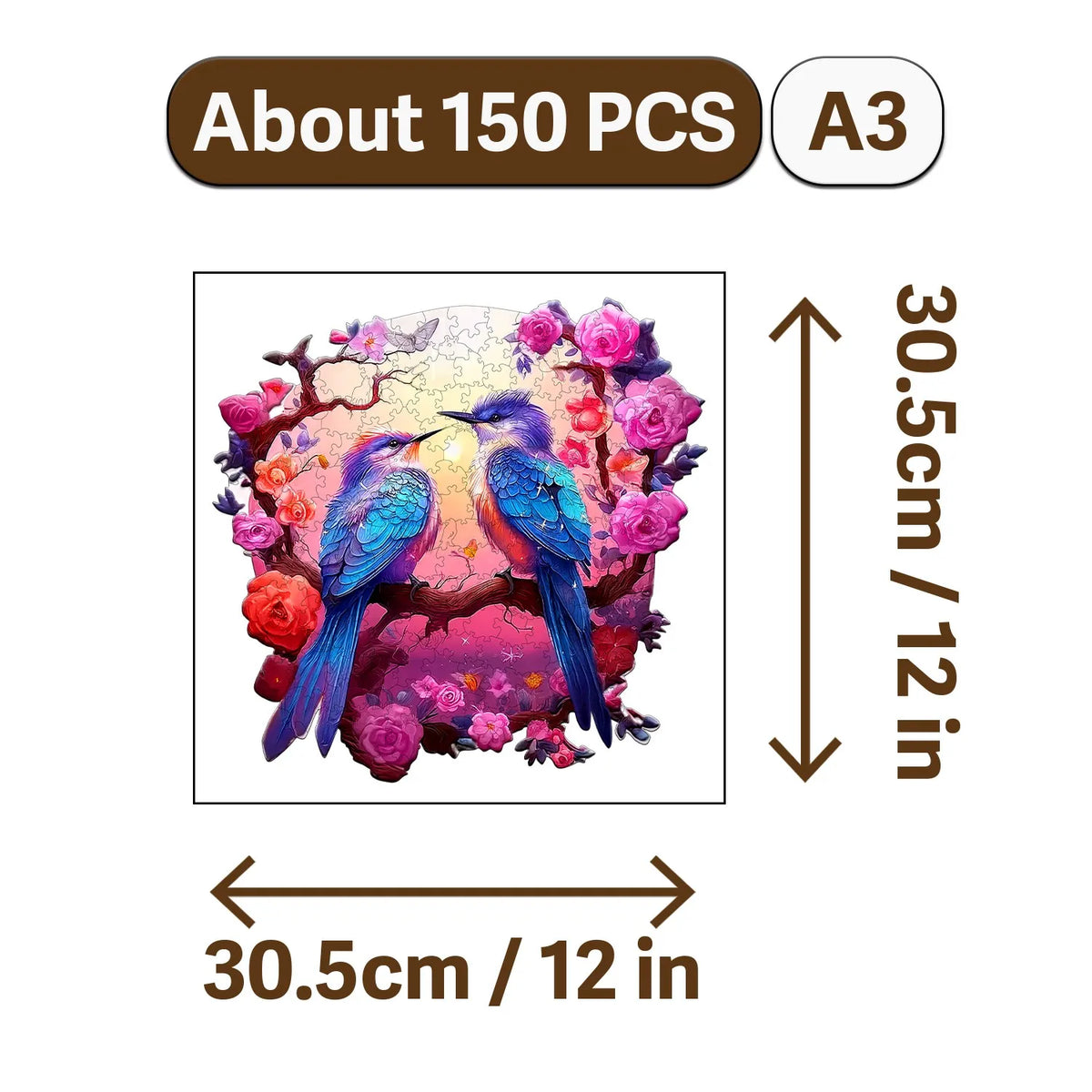 A jigsaw puzzle featuring a vibrant bird surrounded by pink and purple flowers on an A3 sized board.