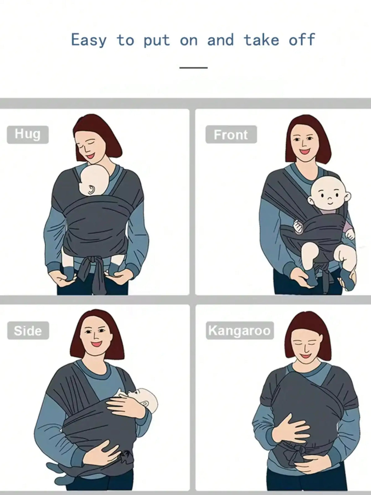 Diagram showing how to put on and take off an X-shaped baby sling carrier from front, hug, side, and kangaroo views.
