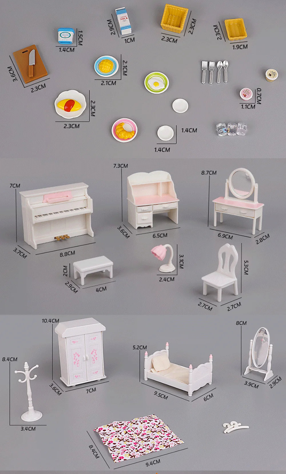 A collection of 1:12 scale dollhouse furniture including kitchen, living room, and bedroom items like cabinets, beds, chairs,