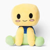 A yellow cartoon plush toy with large eyes and a blue body, sitting on a white background.