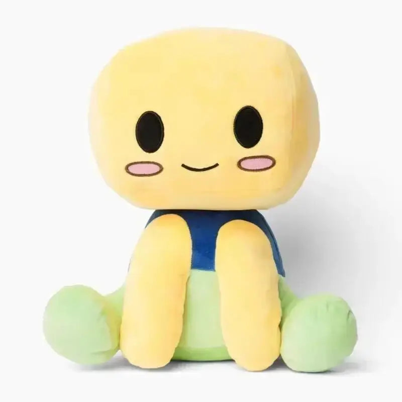 A yellow cartoon plush toy with large eyes and a blue body, sitting on a white background.