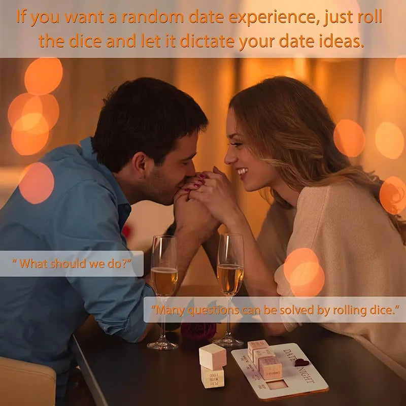 A couple is rolling a wooden dice game for a romantic date night experience.