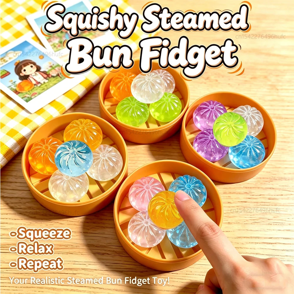 A set of squishy steamed bun fidget toys in various colors and shapes displayed in orange baskets.