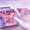 A pink remote control off-road toy car is shown with a cool spray feature demonstration.