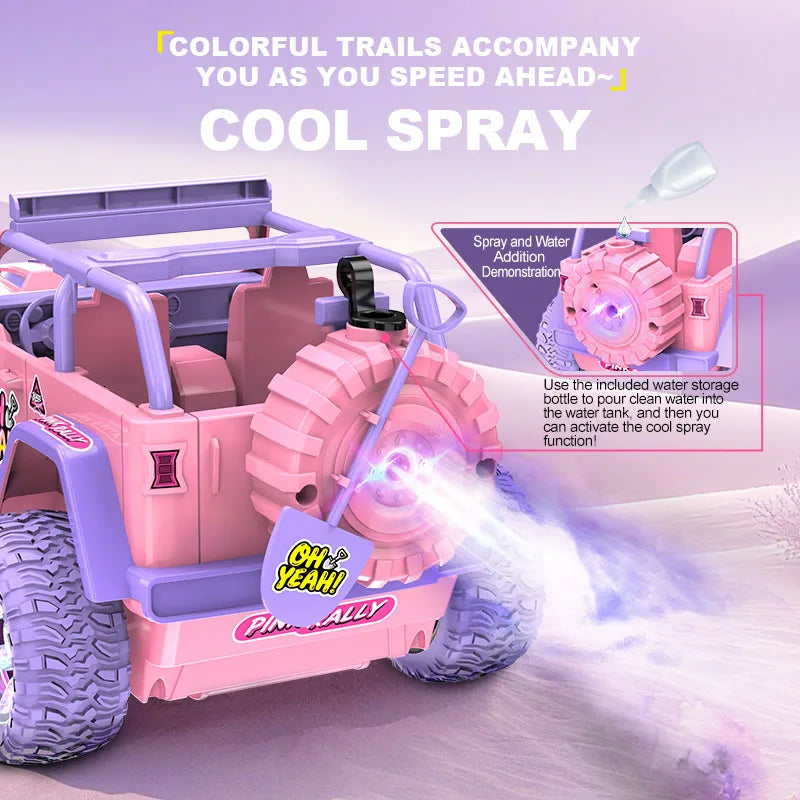 A pink remote control off-road toy car is shown with a cool spray feature demonstration.
