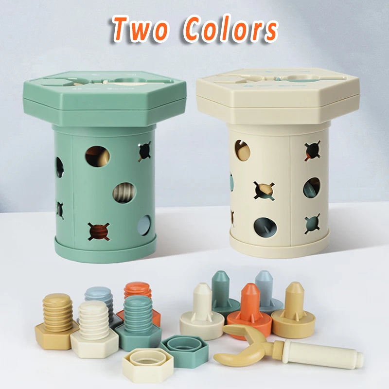 Two colored Montessori screwdriver board toys for toddlers featuring various shapes and tools.