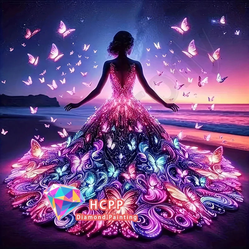 A woman stands facing a sunset with a vibrant diamond painting artwork of butterflies and floral designs spreading out like a